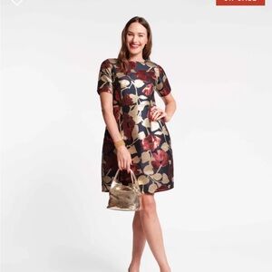 Frances Valentine Red Gold with a navy background Floral Mini Dress